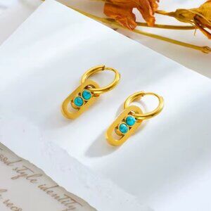 Geometric Green Stone Hoop Earrings for Women Girls